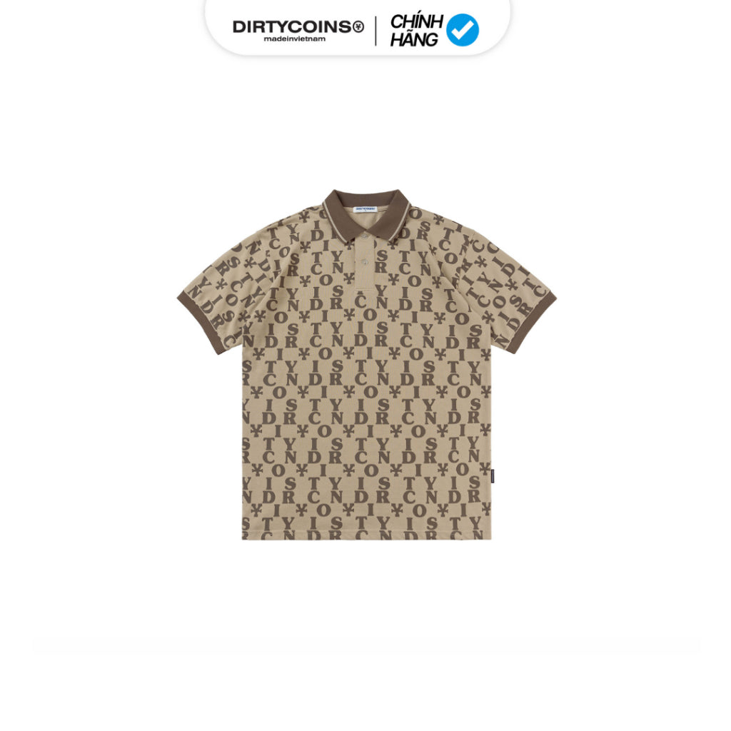 DirtyCoins Letter Pattern Polo Shirt - Cream/Brown