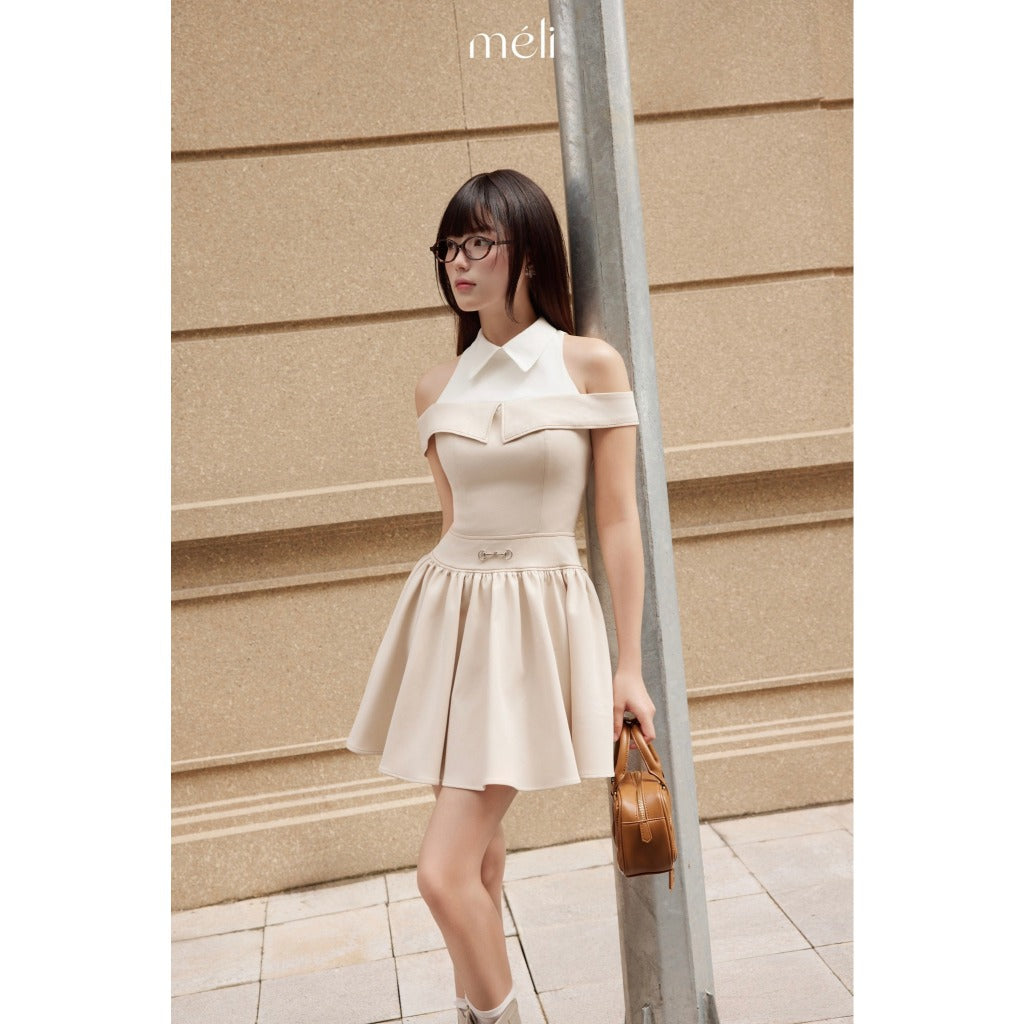 Ember Dress - Material: two cream leather mixed with white. Shape: short flared, halter neck