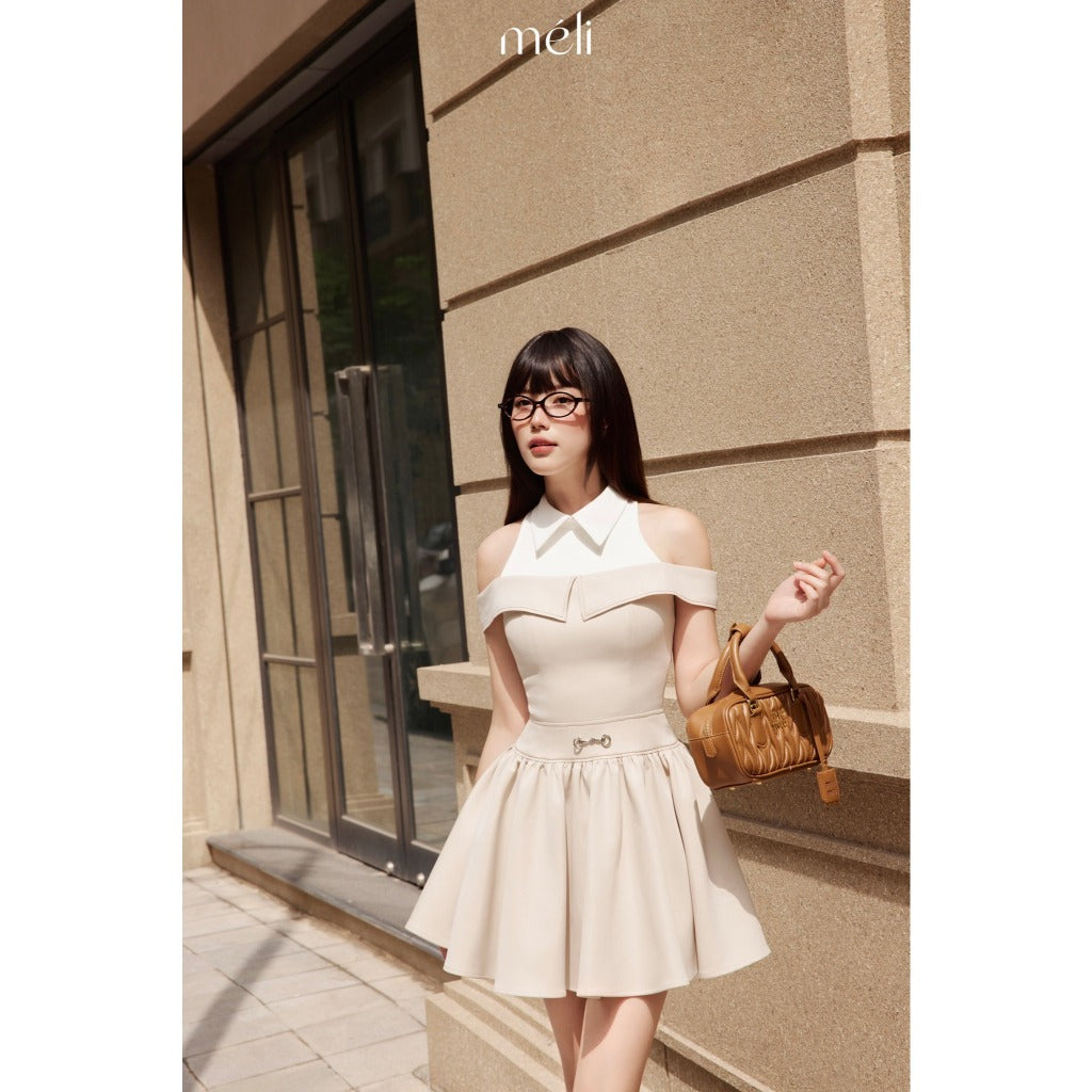 Ember Dress - Material: two cream leather mixed with white. Shape: short flared, halter neck