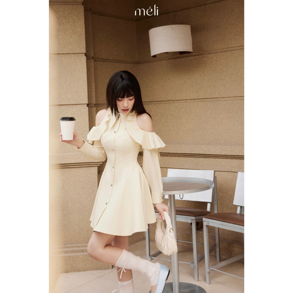 Grace Dress - Material: Cream. Shape: Short flared, shoulder cutout, long sleeves