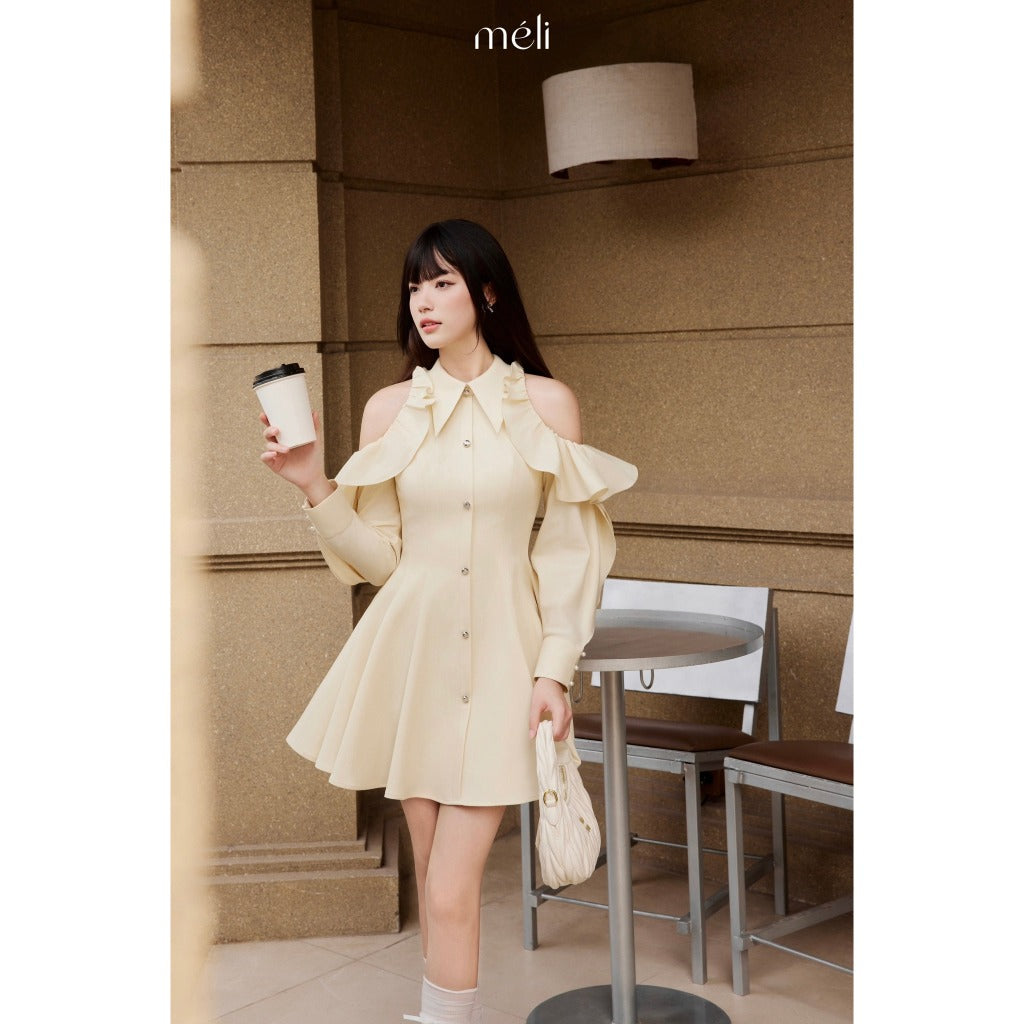 Grace Dress - Material: Cream. Shape: Short flared, shoulder cutout, long sleeves