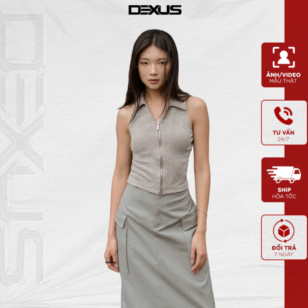 Women's knitted tank top with collar and zipper in basic gray color CERES TOP - DXA150126