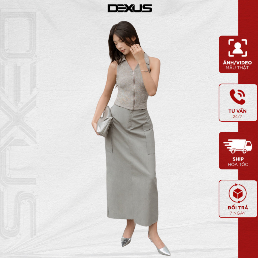 Women's long A-line skirt with pocket in basic gray color (back slit) WI LLOW SKIRT - DXCV70354