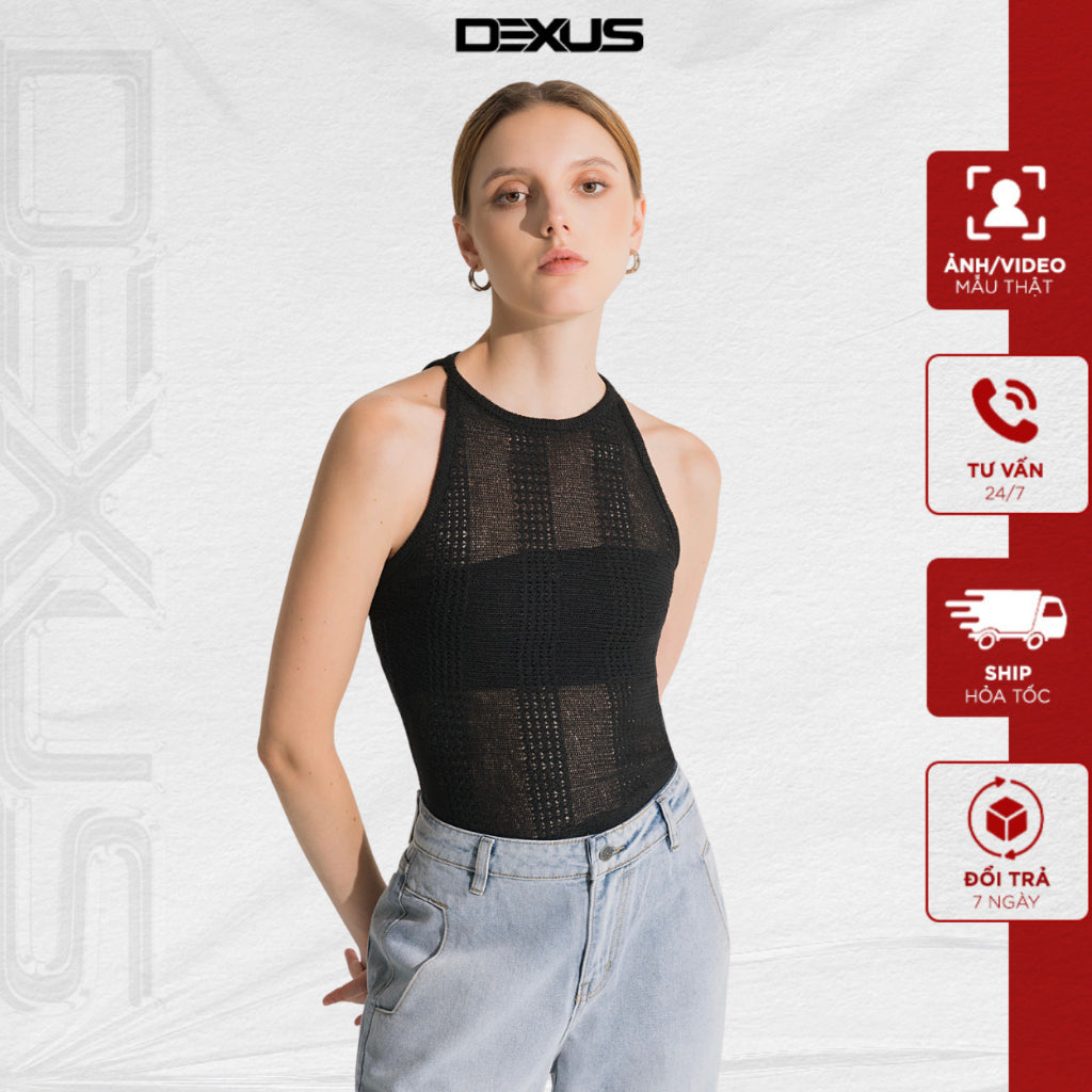 Sexy women's black turtleneck tank top, woven lace with delicate motifs BAD WOMEN_DXA150038