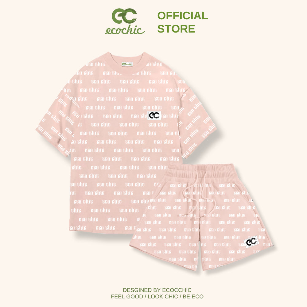 Set Bộ Nữ Thể Thao ECOCHIC Monogram Tag Logo Áo Phông Form Rộng Quần Cạp Cao Chính Hãng 100% Cotton B046