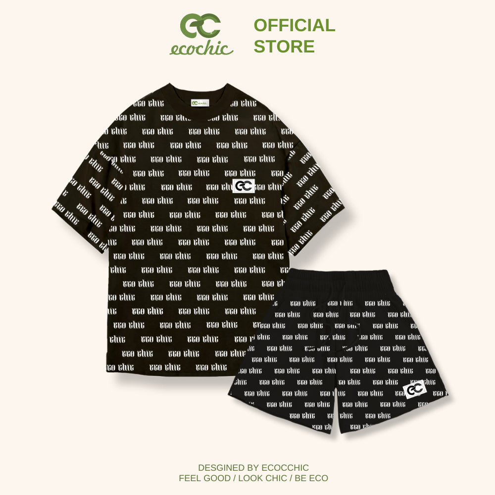 Set Bộ Nữ Thể Thao ECOCHIC Monogram Tag Logo Áo Phông Form Rộng Quần Cạp Cao Chính Hãng 100% Cotton B046