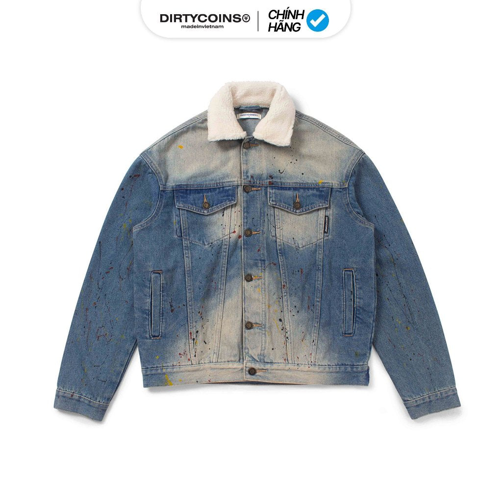 DirtyCoins Fur Collar Spray Paint Denim Jacket