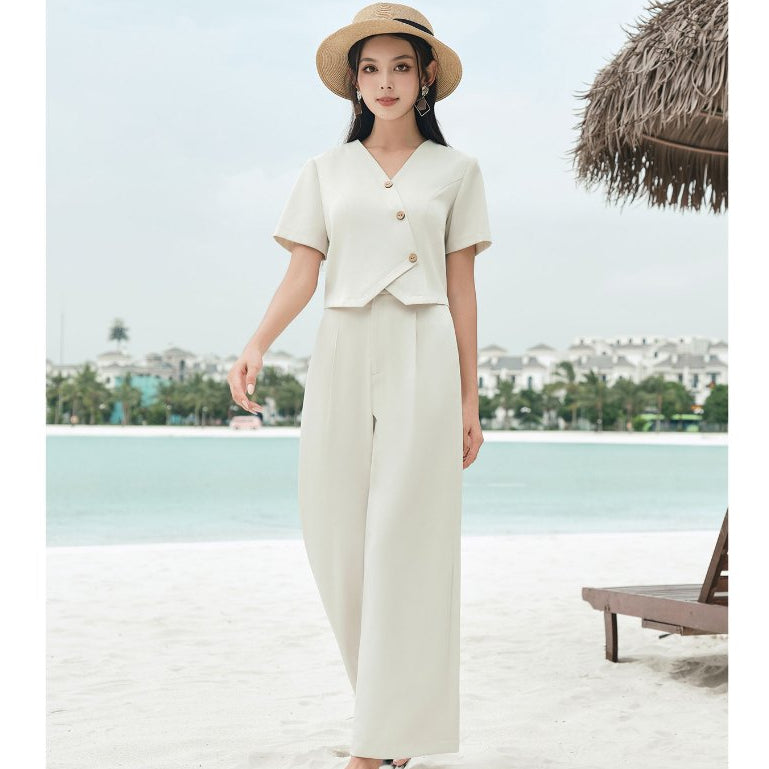 Women's Short Sleeve V-Neck Cross-Lapel Blouse, Wide-Leg Straight Pants VIEN TRAN V65D24Q024, V64W24Q014