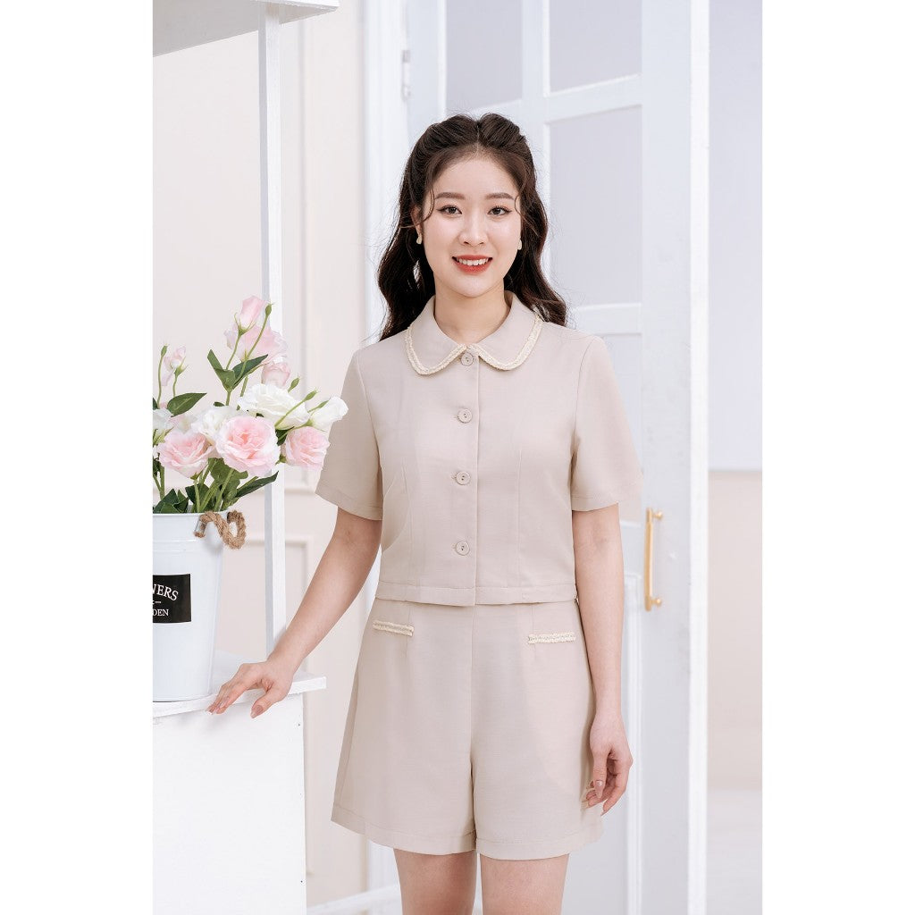 Short-sleeved lotus collar crop top with low-rise shorts VIEN TRAN O61H24H003 O64S24H002