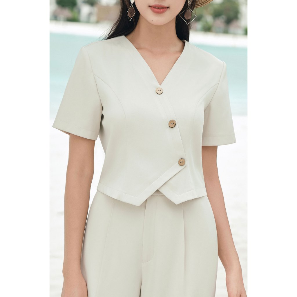 Women's Short Sleeve V-Neck Cross-Lapel Blouse, Wide-Leg Straight Pants VIEN TRAN V65D24Q024, V64W24Q014