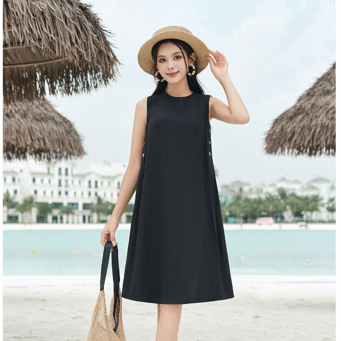 Underarm Strapless Dress with Buttons on 2 Sides, VIEN TRAN Beach Outing Dress V63T24H003