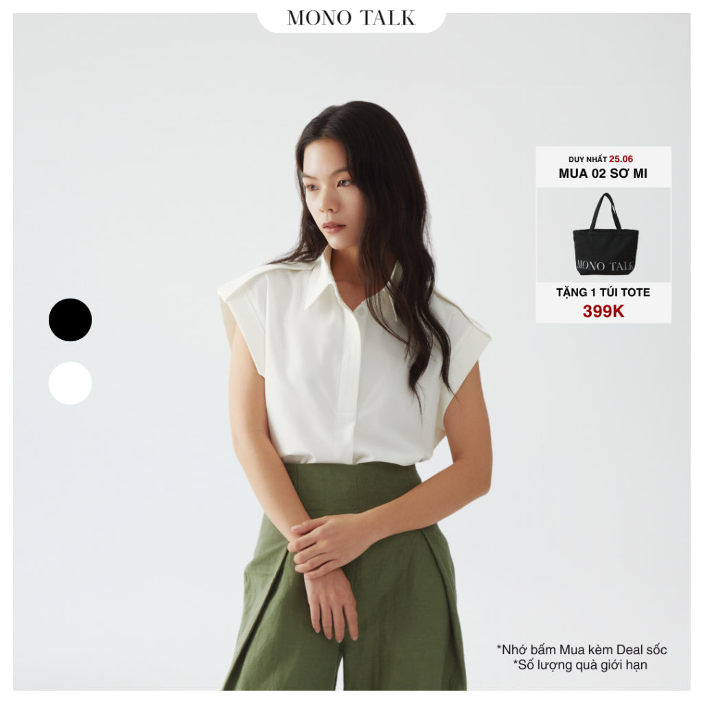 MONO TALK Short-Sleeved Shirt with Elegant Turn-down Collar and Fold-Sleeve Design MOF23S-T10020TK