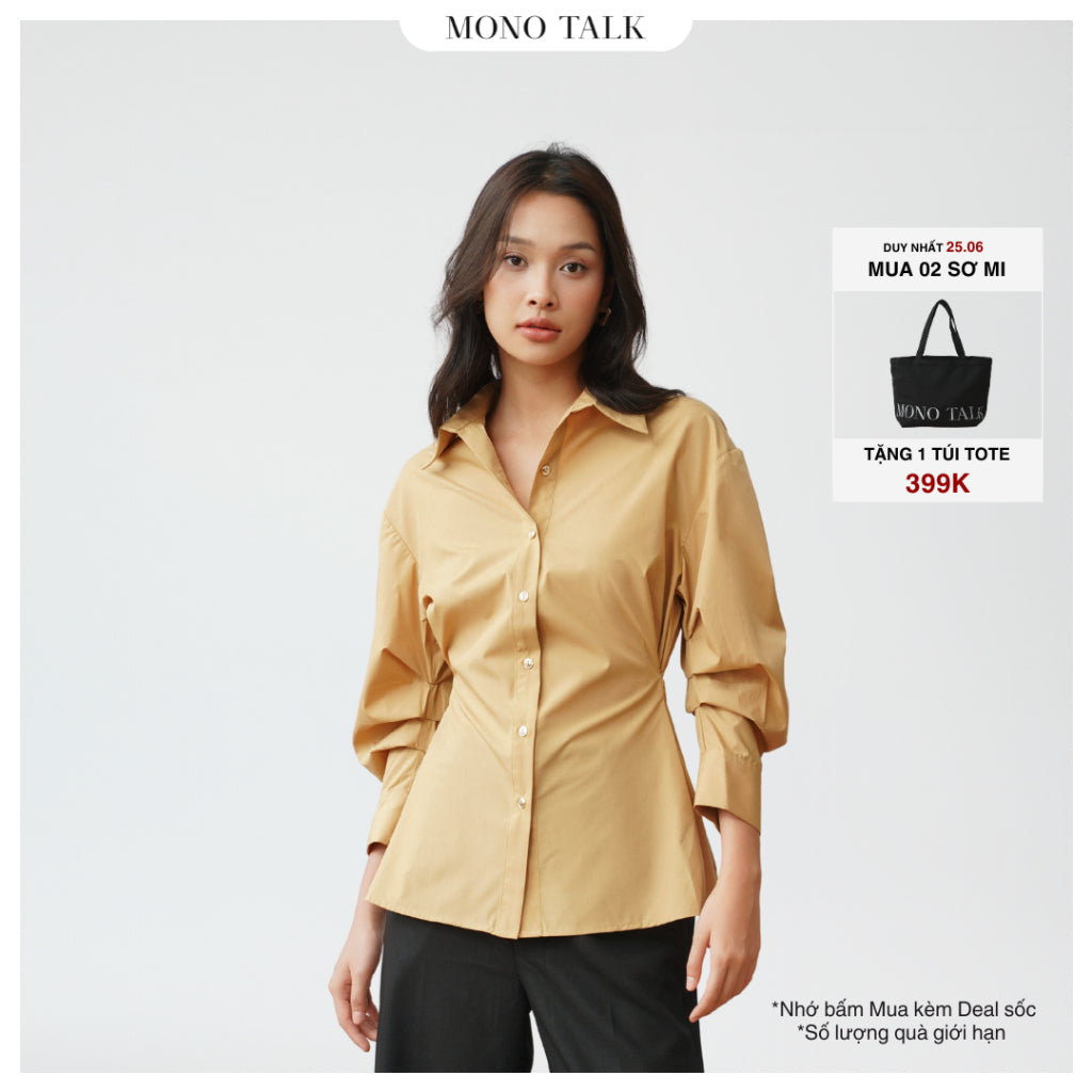 MONO TALK waist-cinching shirt (beige) with pleated sleeves, bronze buttons T10001TK