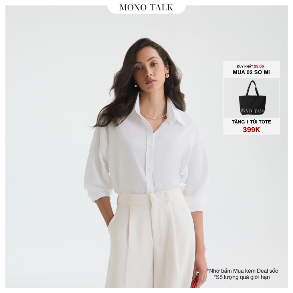 Áo sơ mi oversized MONO TALK (trắng) vải poplin hạn chế nhăn, mềm mát T10001FT