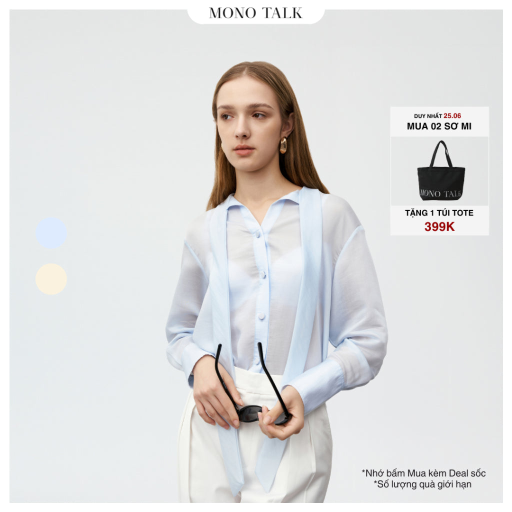 Oversize MONO TALK shirt made of silk, bow tie collar, large V-open cuffs, covered buttons MOF23W-T20004TK