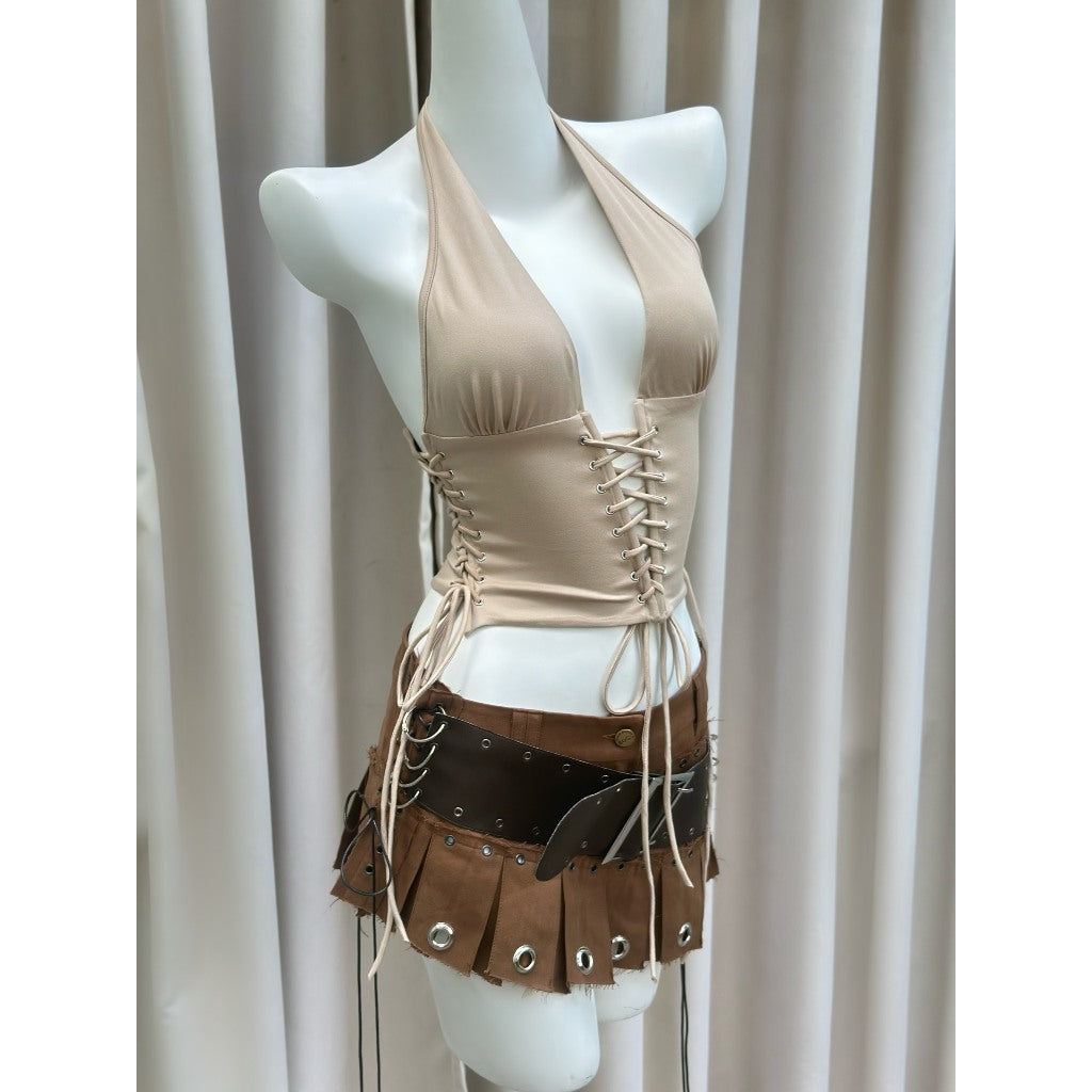 ONONMADE Summer Two-Piece Set Halter Top and Pleated Skirt with Belt Fallon Set.