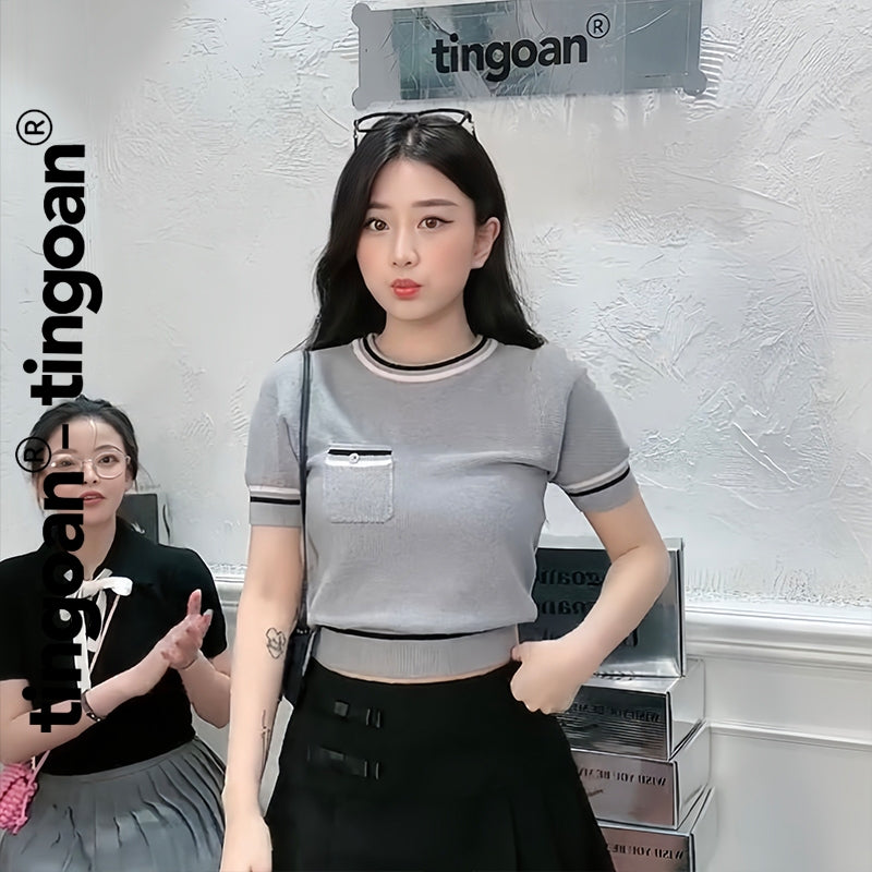 TINGOAN® x SHOPEE- Ruffled sweater with round neck and chest pockets, mid-cut shape with 2 lines at hem MIMI TOP NEW VERSION June 2024