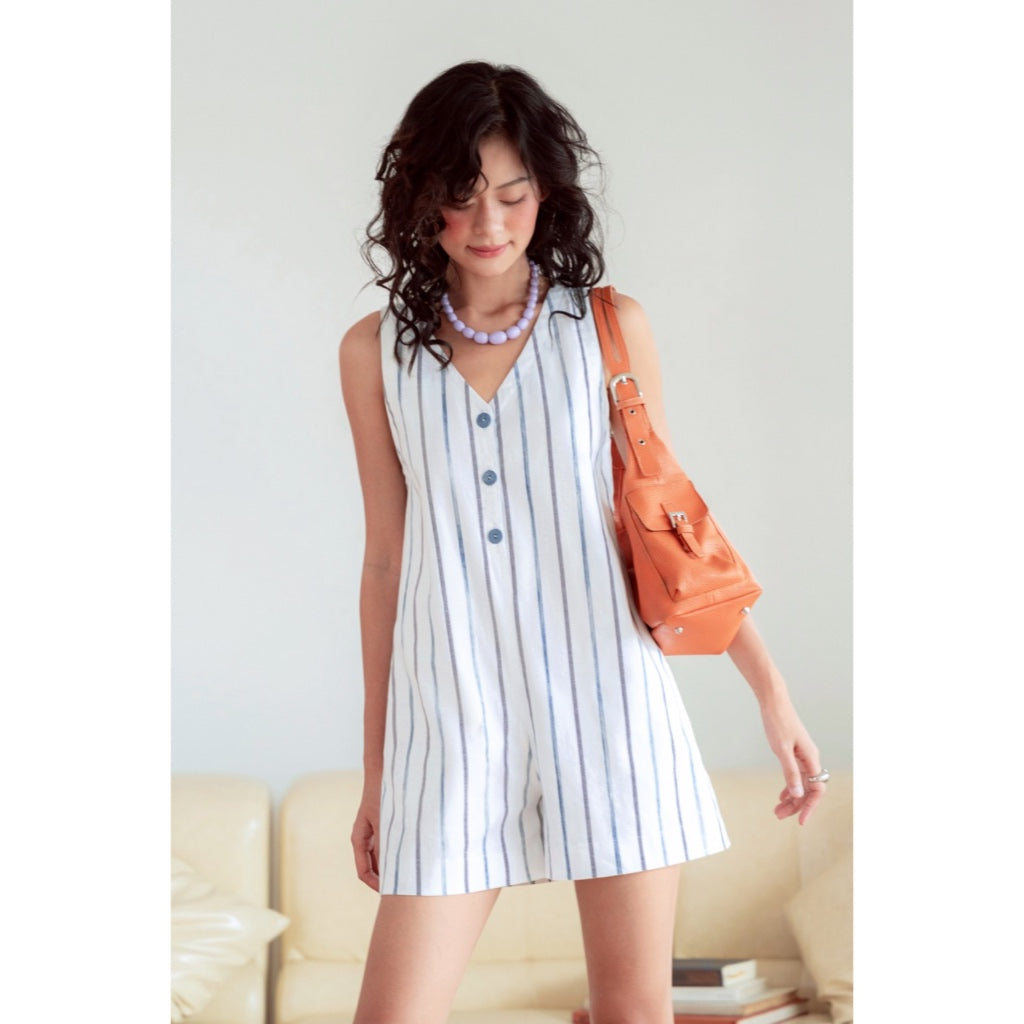 LIBÉ WORKSHOP - V-neck short jumpsuit with white striped pattern 