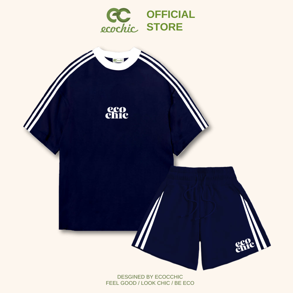 ECOCHIC Women's Sportswear Set with Logo Stripe Loose-fitting T-Shirt and High-Waisted Pants, Genuine 100% Premium Cotton B048