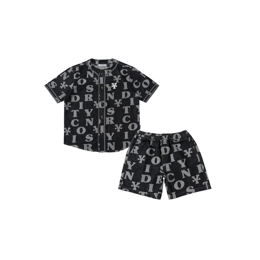 DirtyCoins Combo Letters Monogram Denim Jersey Shirt - Black + Denim Short - Black