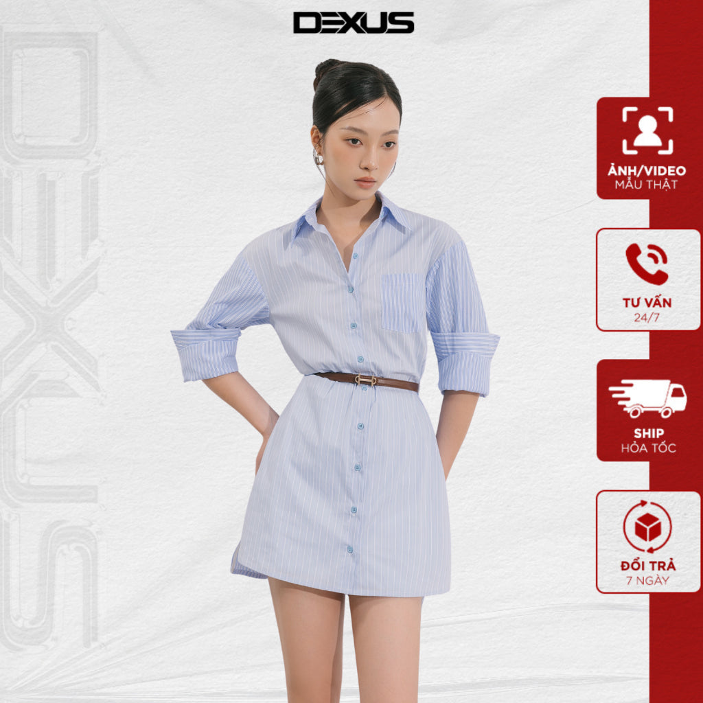 Đầm/ Váy Sơ mi Kẻ Xanh    NINCI DRESS_DXV150038 ( TẶNG KÈM BELT )