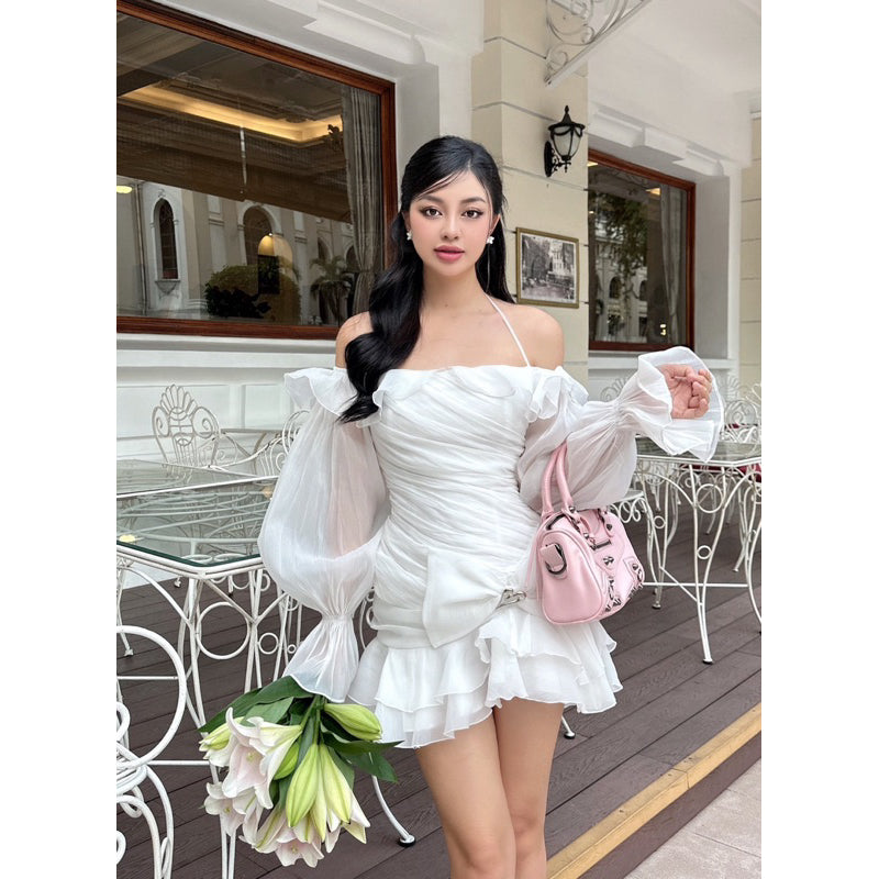 Váy trễ vai tím pastel tay bồng đính nơ - Rosalin Dress