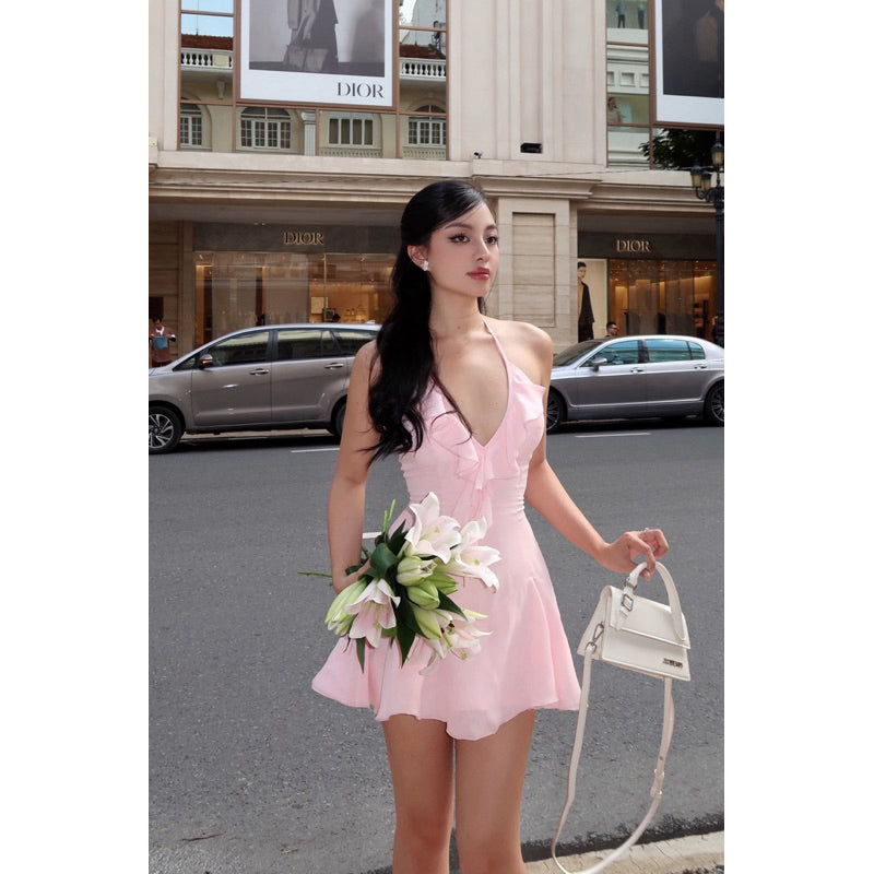 Pastel pink flared strap dress with ruffled neck - Marina Dress Amelie