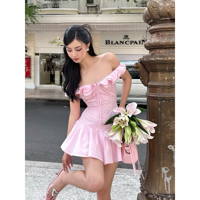 Váy trễ vai hồng pastel xếp ly -Nami Dress Amelie