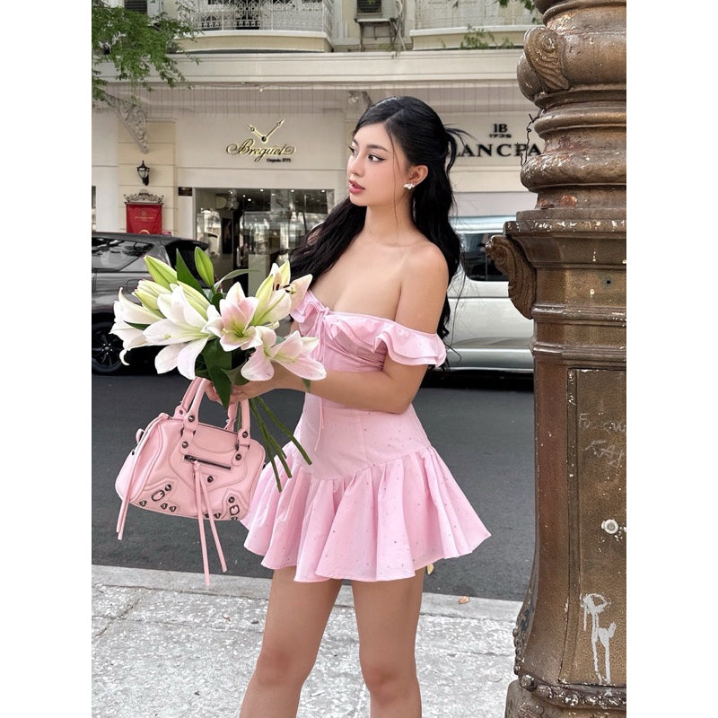 Váy trễ vai hồng pastel xếp ly -Nami Dress Amelie