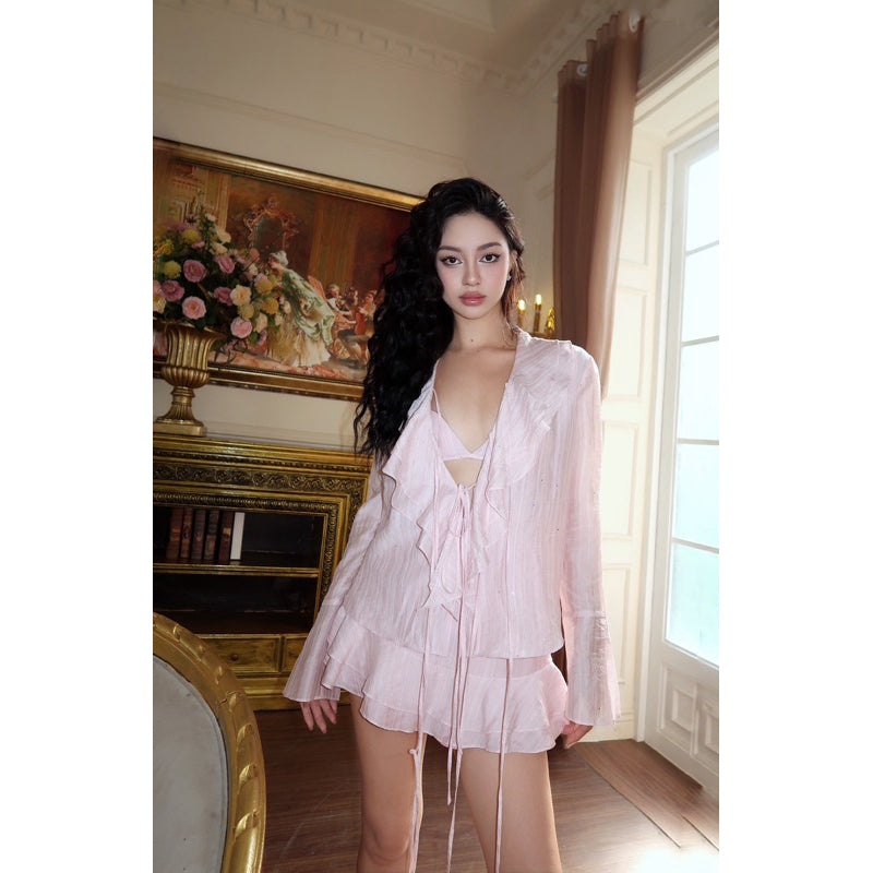 Set of 2 items: pleated pastel pink silk long-sleeved shirt + skirt and pleated miniskirt pants Elys Set Amelie