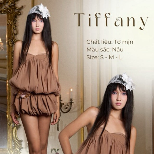 AMELIE - Set áo baby doll cúp ngực + chân váy bí kèm belt  hoa handmade - Tiffany Set