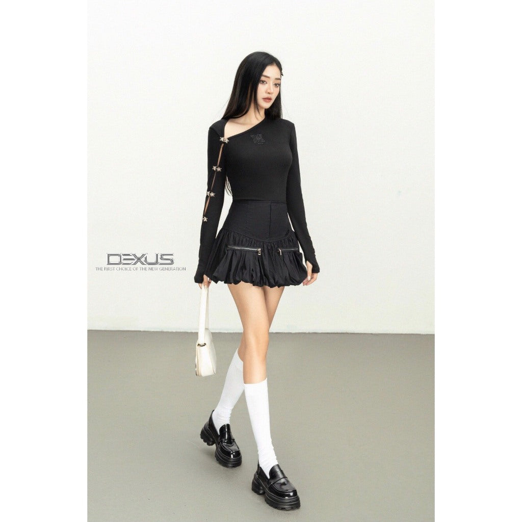 [ Dexus &amp; Phuong Trinh Jolie ] Women's LAZY Flattering Skirt Youthful Short Black Easy to Coordinate Dress_DXCV70240