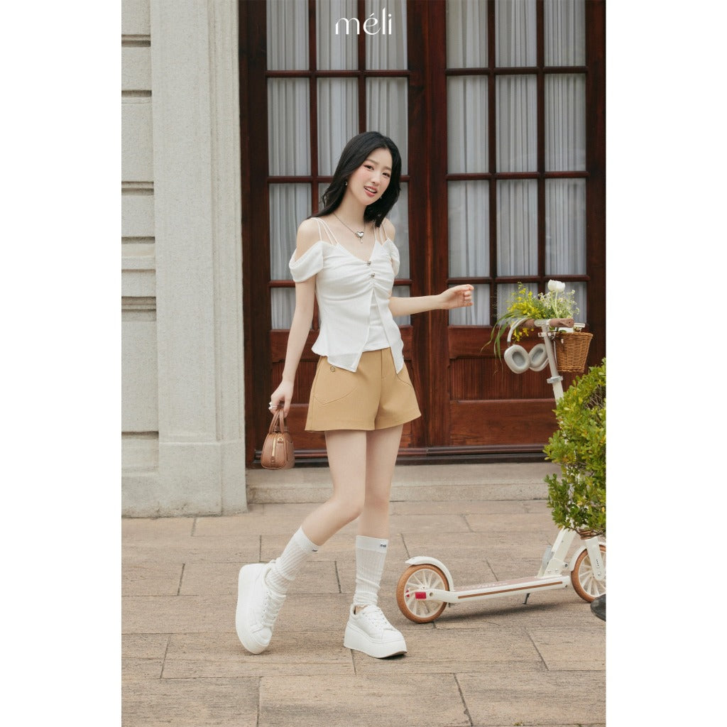 EVELYN TOP & HARPER SHORT - Áo 2 dây 2 vải cotton lưới có 2 vạt áo thân trước + Quần Short túi trái tim vải kaki nâu be