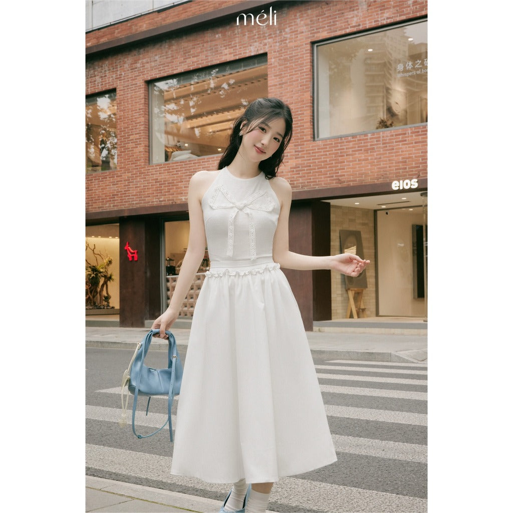 STELLA TOP &amp; LUNA SKIRT + White dotted cotton shirt with a camisole collar and lace bow on the chest + Long white rough skirt with ruffles