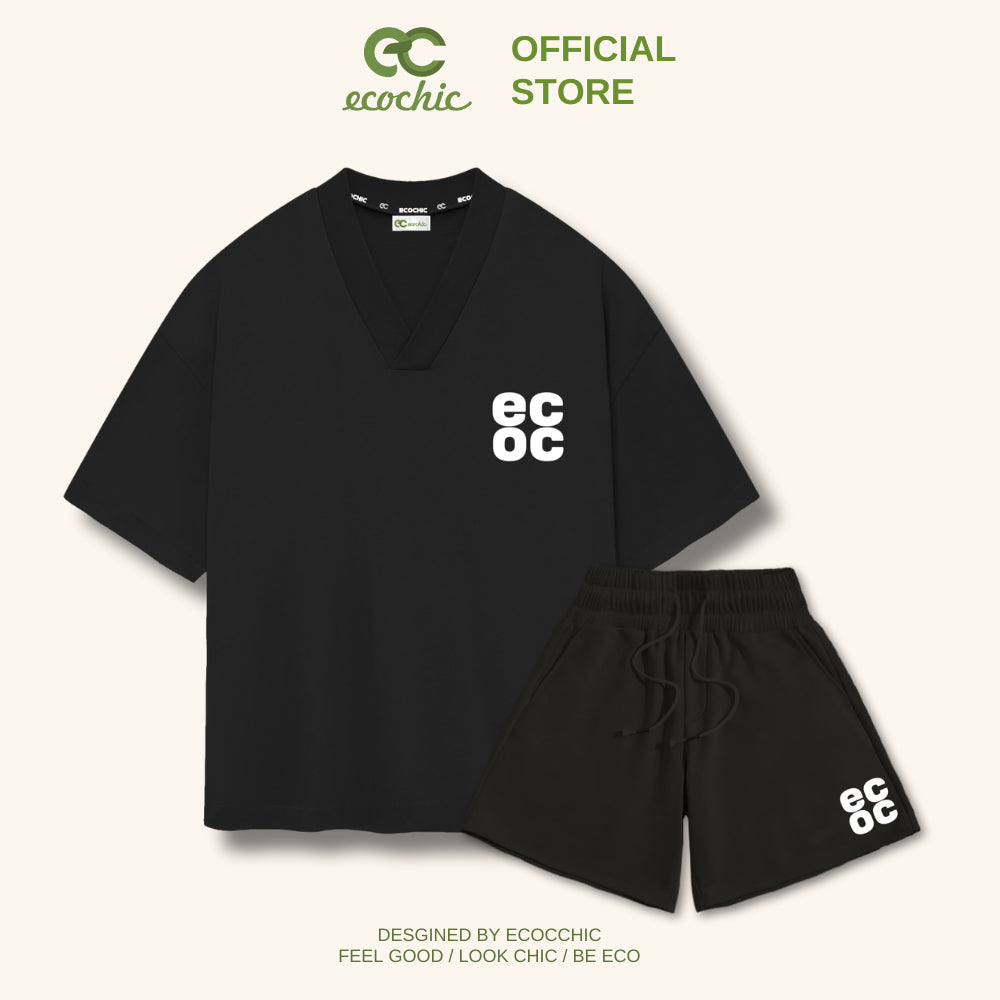 ECOCHIC ECOC Logo V-neck Sportswear Set for Women, Loose-fitting T-Shirt, High-Waisted Pants, Genuine 100% Cotton B050