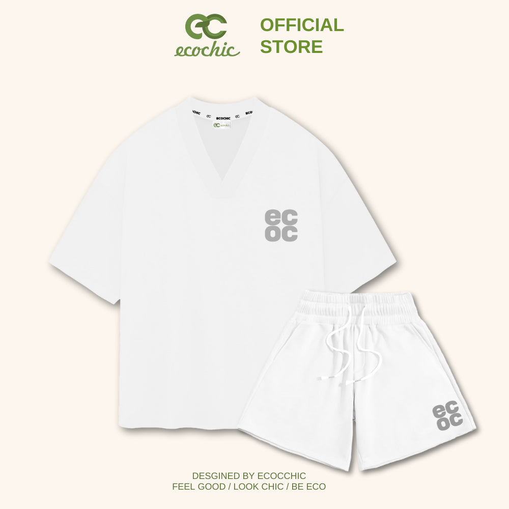 ECOCHIC ECOC Logo V-neck Sportswear Set for Women, Loose-fitting T-Shirt, High-Waisted Pants, Genuine 100% Cotton B050