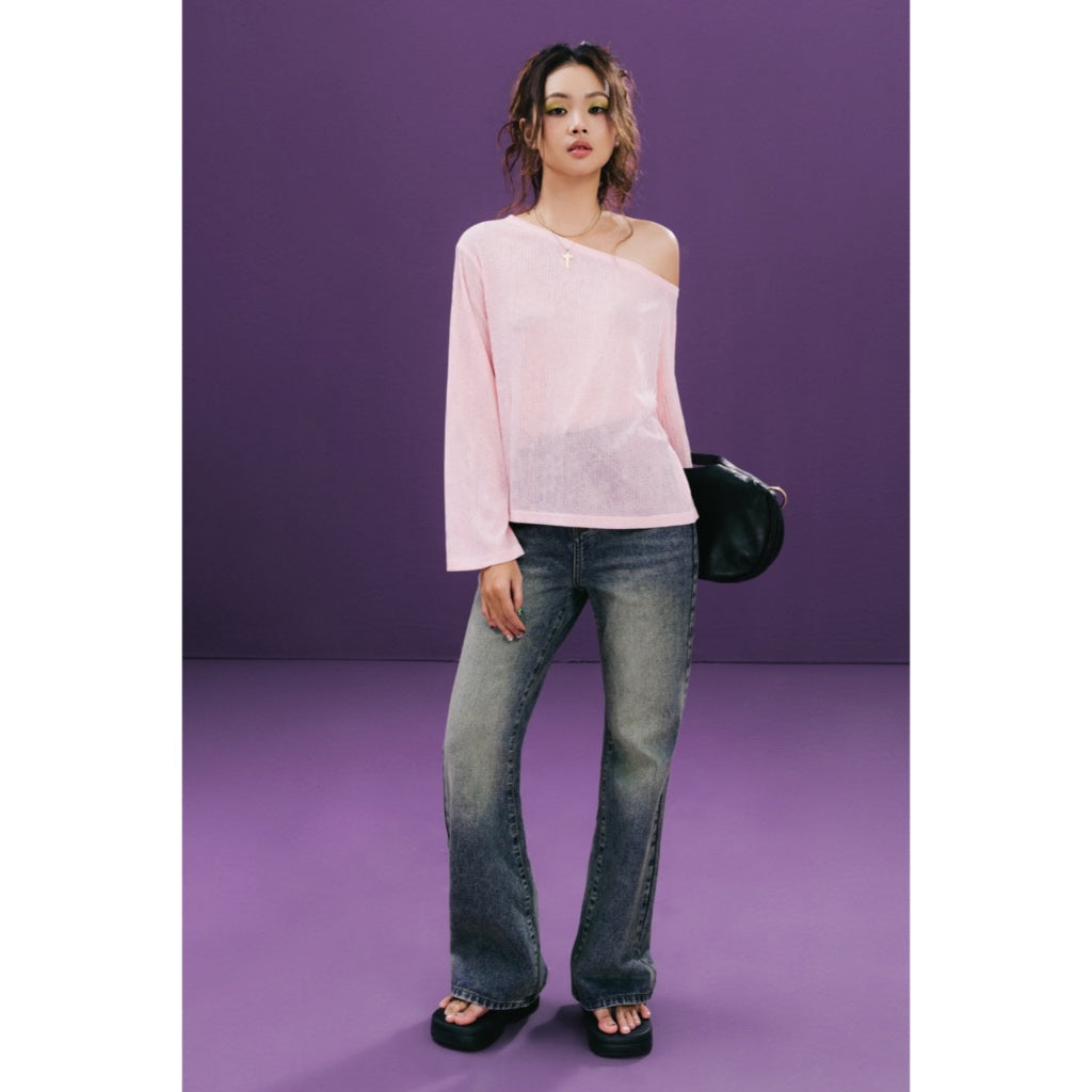 LIBÉ WORKSHOP - Light pink stretchy off-the-shoulder long-sleeved shirt