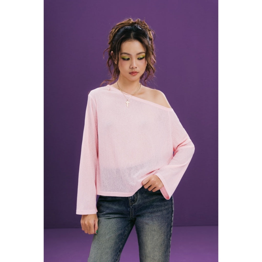 LIBÉ WORKSHOP - Light pink stretchy off-the-shoulder long-sleeved shirt