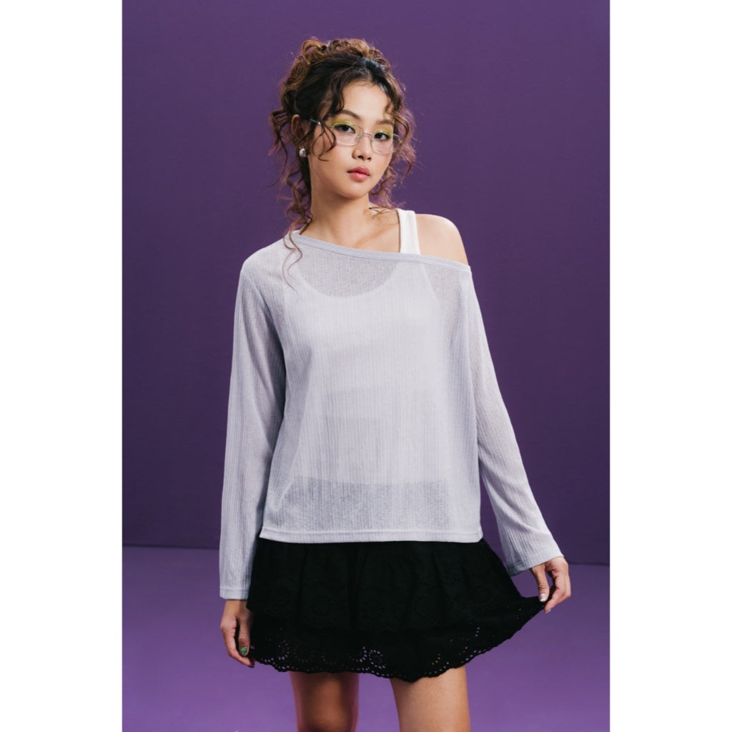 LIBÉ WORKSHOP - Light purple stretchy off-the-shoulder long-sleeved shirt