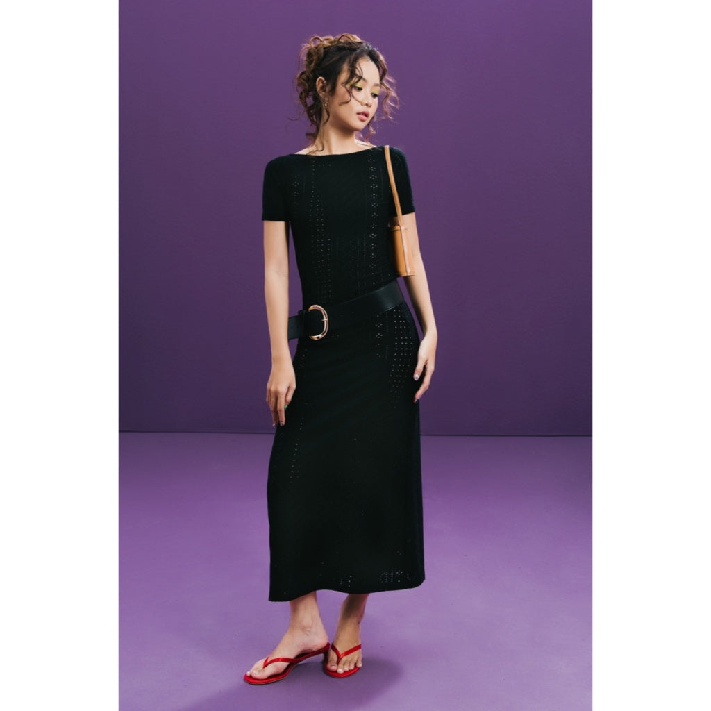 LIBÉ WORKSHOP - Black perforated fabric boat neck long dress