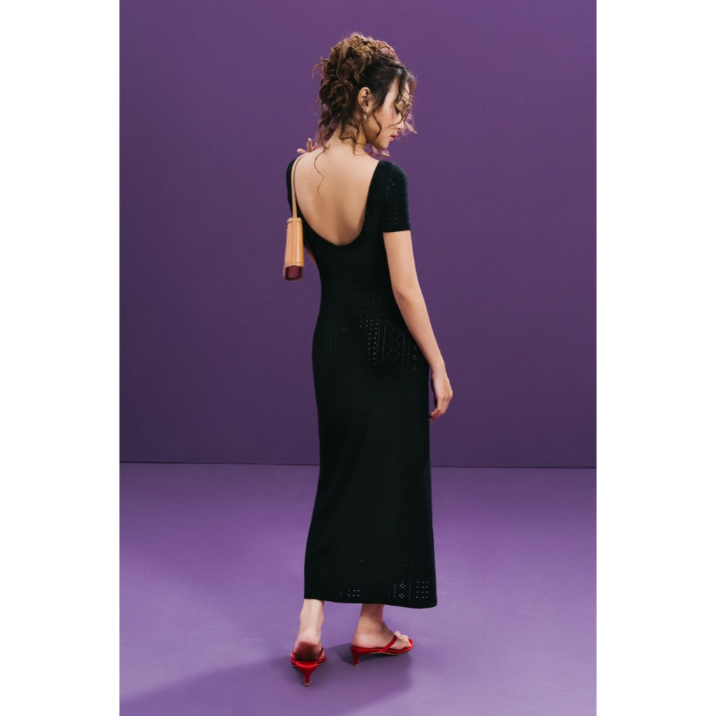 LIBÉ WORKSHOP - Black perforated fabric boat neck long dress