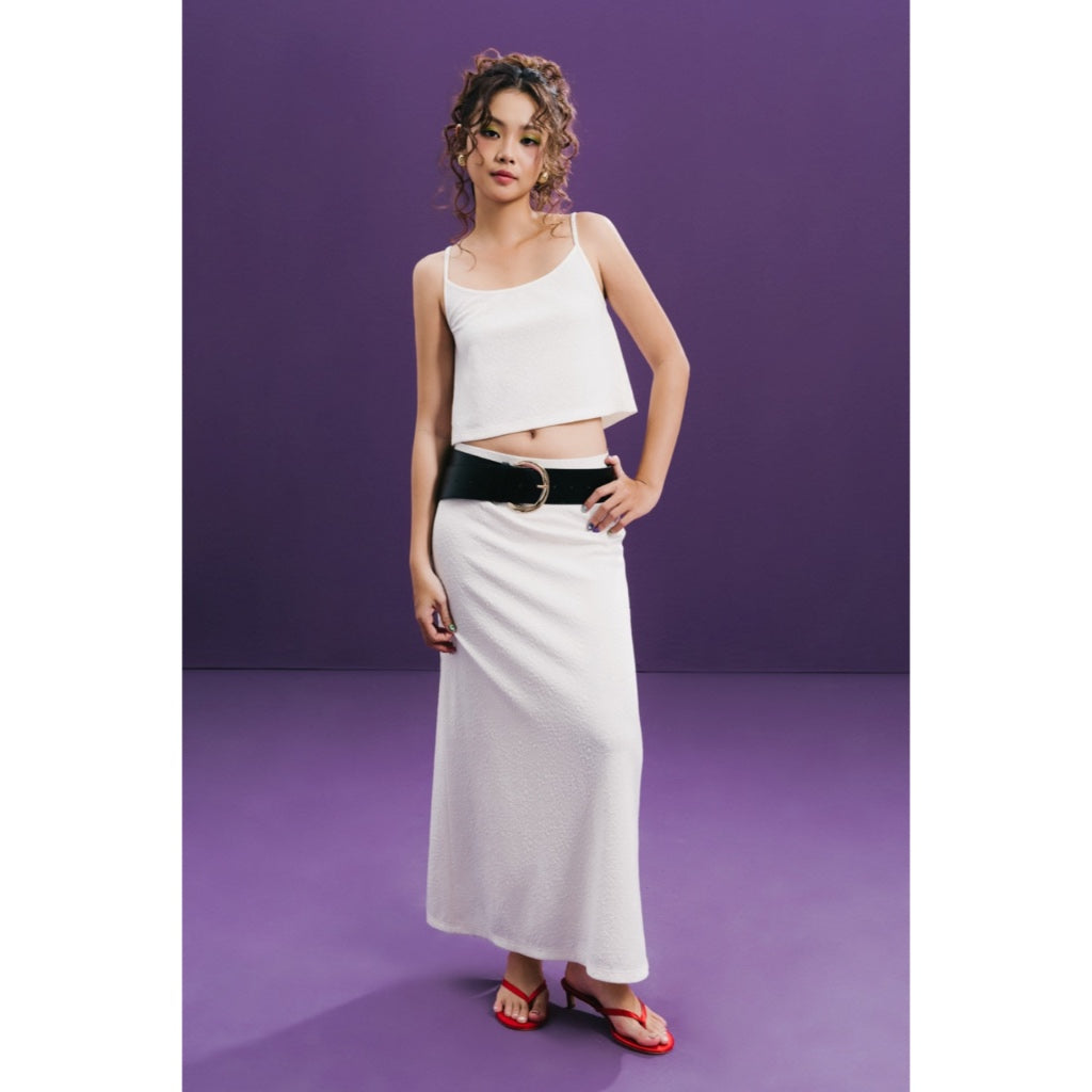 LIBÉ WORKSHOP - Ivory white jacquard elastic waist long skirt