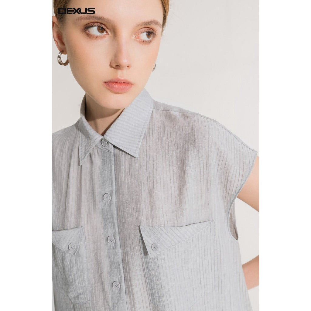 Women's Short-Sleeved Straight-Length Shirt, Smoke Gray RACHEL TOP_DXA150164