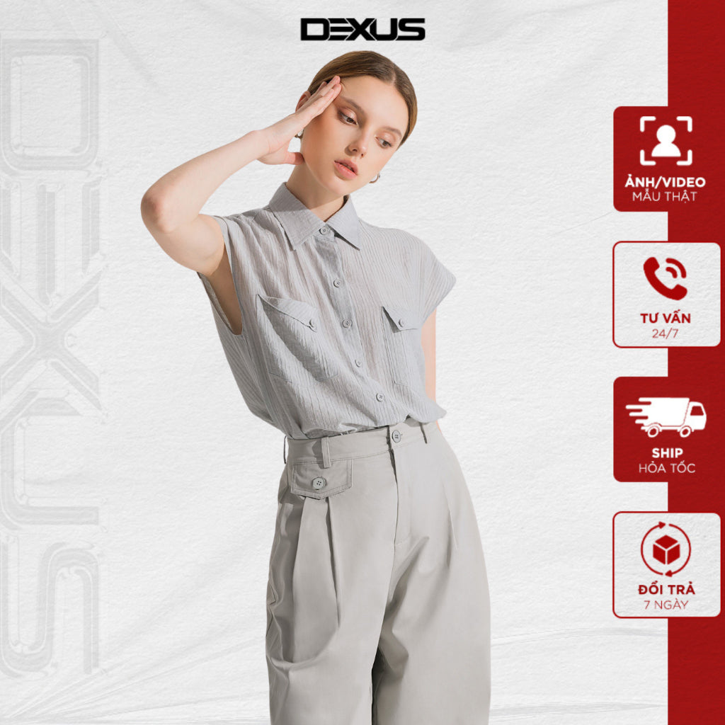 Women's Short-Sleeved Straight-Length Shirt, Smoke Gray RACHEL TOP_DXA150164