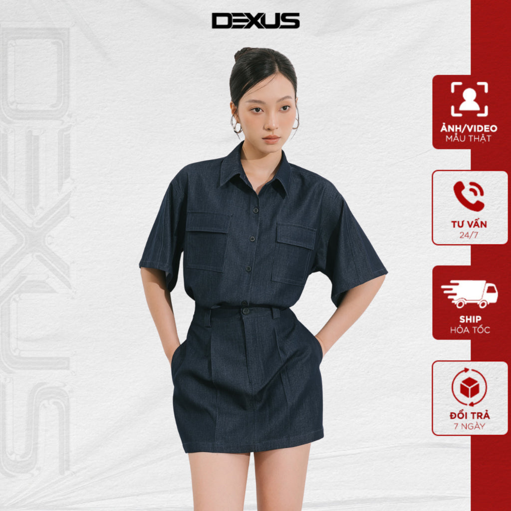 Women's Denim Set Short Sleeve Shirt, Youthful Short A-Line Skirt SANDY SET_DXA160040 + DXQ160018