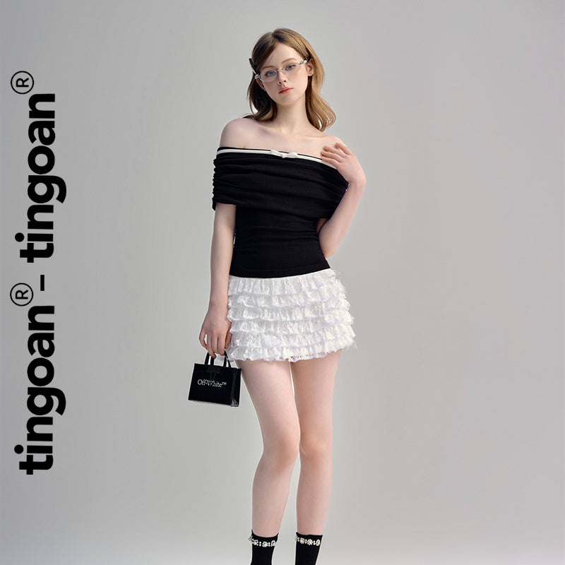 TINGOAN® - White lace skirt with embroidered logo and waistband FIONA SKIRT/WH