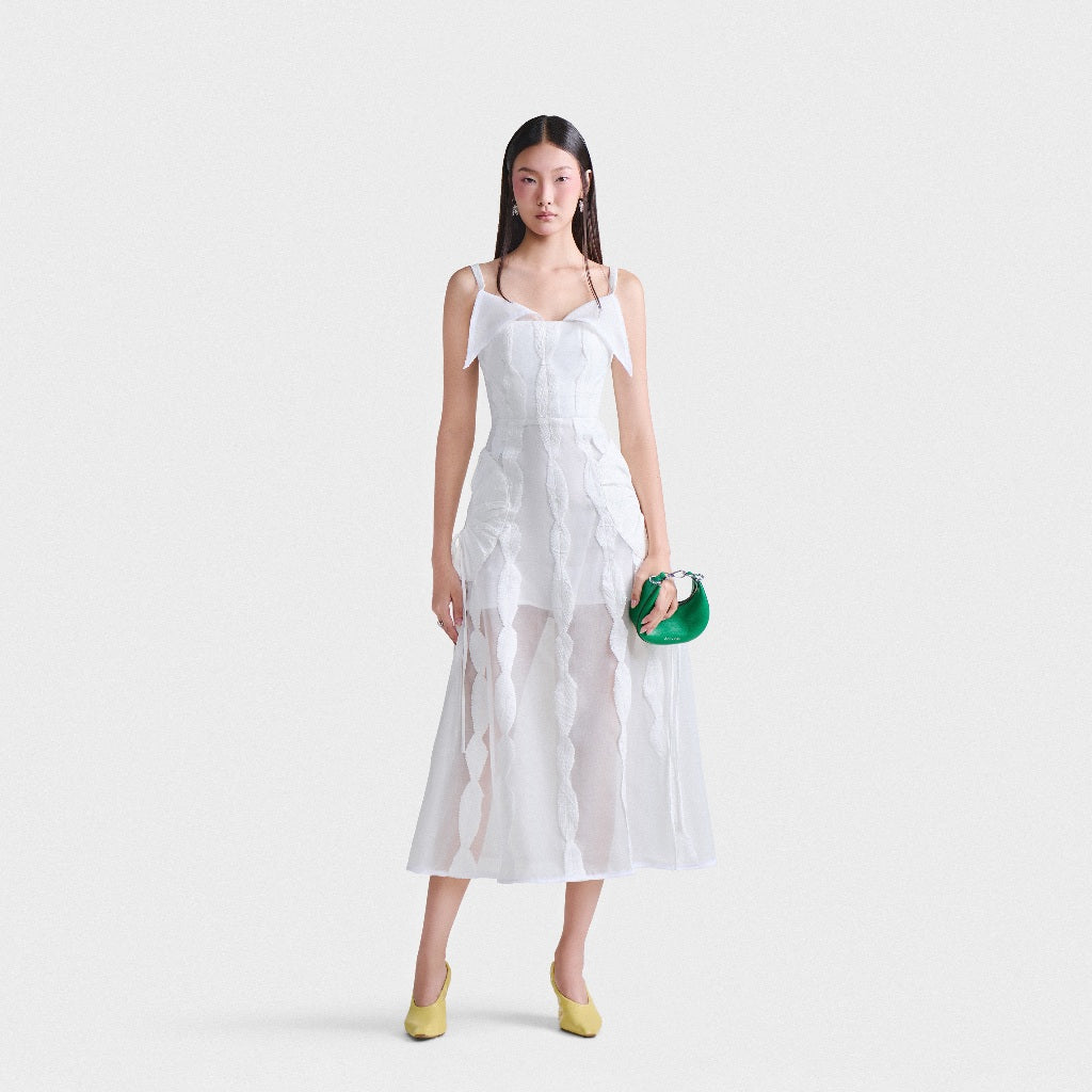 DEAR JOSÉ - White leaf collar two-strap midi dress - Leaf Whisper