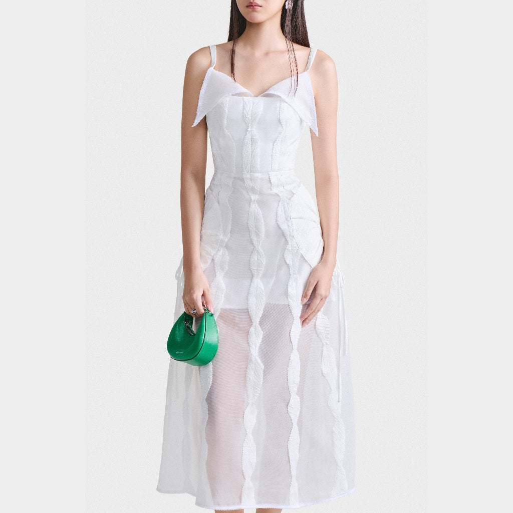 DEAR JOSÉ - White leaf collar two-strap midi dress - Leaf Whisper