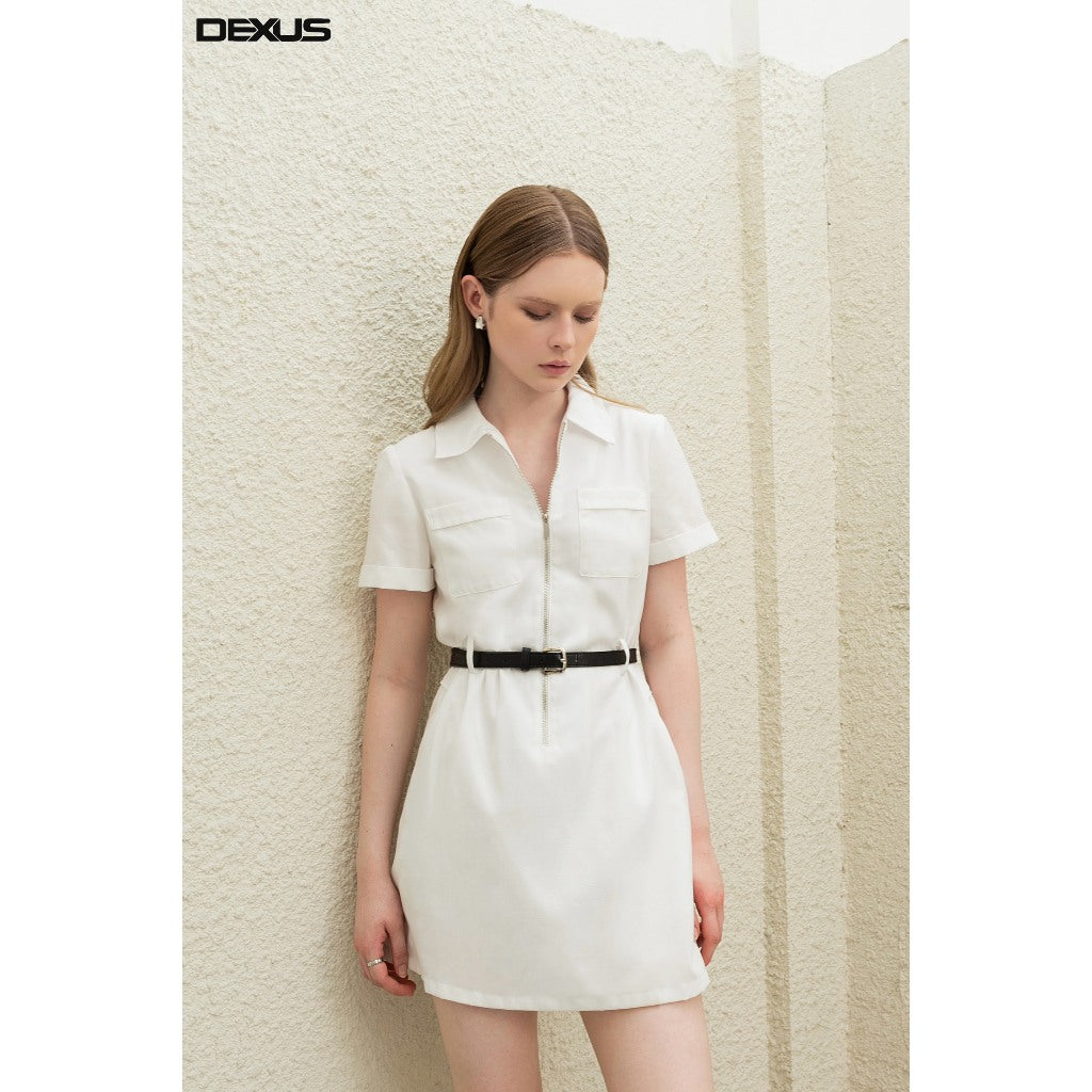 Đầm/ Váy Trắng Cộc Tay Nữ   Dáng A Ngắn Phối Khóa Trẻ Trung POPY DRESS_DXV160006( váy kèm belt)