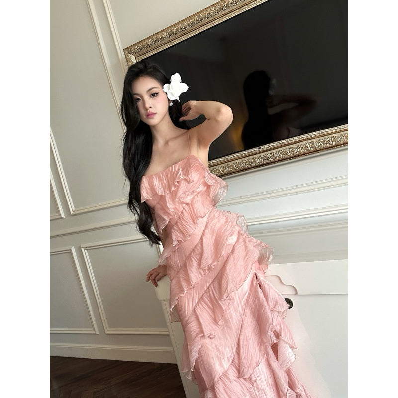 AMELIE - Váy dài hai dây tơ lụa xếp tầng màu hồng - Isabella Dress